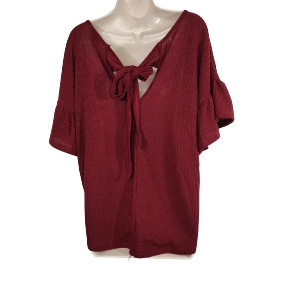 She and Sky Red Ribbed Knit Top Vneck Women Size M Short Flutter Sleeve - Picture 3 of 8